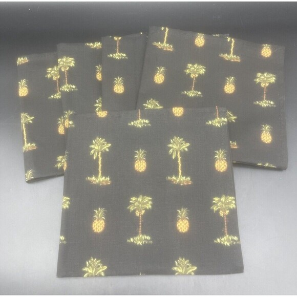 Waverly Aloha Black PINEAPPLE PALM TREES Cotton Cloth Napkins Firm Finish-5 EUC - Picture 2 of 5